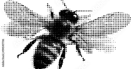 Black and white halftone bee with open wings in vintage dotwork style