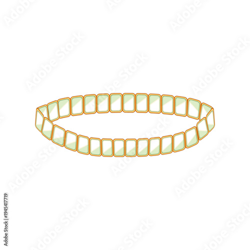 Gold bracelet featuring numerous rectangular light green gem stones forming an elegant continuous circle, symbolizing luxury, jewelry, adornment, and precious accessory