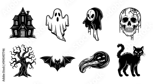 Halloween spooky elements set with haunted house ghost skull cat and bat.