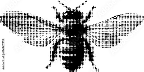 Vintage halftone bee illustration with open wings - perfect for design and print projects