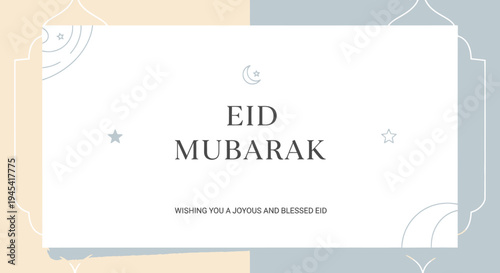 Elegant Eid Mubarak greeting card design with crescent moon and stars, a minimalist template for Islamic holiday wishes and celebrations.