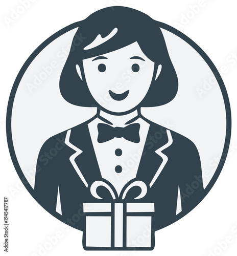 Smiling Woman in Tuxedo Holding Gift Box, Formal Attire, Celebration Icon