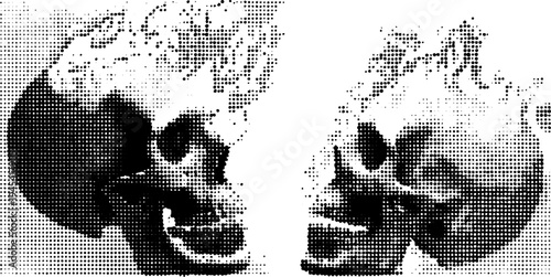 Fiery skull in flames with black and white halftone effect
