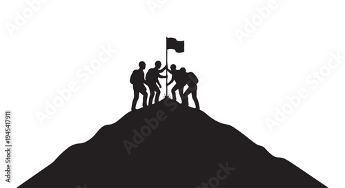 Illustration of silhouette of people on mountain peak with flag