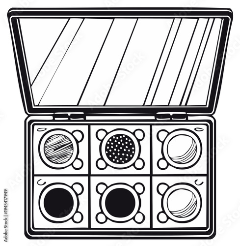 Cosmetic kit with eyeshadow and mirror in vector graphic outline drawing for beauty themes and simple design