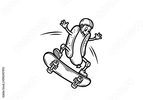 Hot dog character skateboarding in a dynamic black and white line art illustration.
