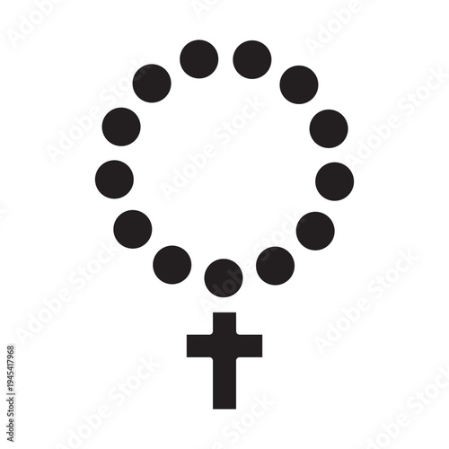 Christian rosary solid icon. Religious prayer beads with cross glyph symbol. Catholic faith and Easter holiday vector illustration. Minimalist black silhouette isolated on white.