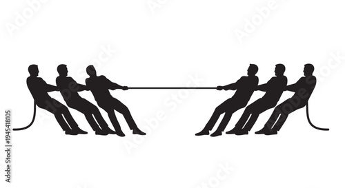 Illustration of silhouette of two teams of three people engaged in a tugofwar competition