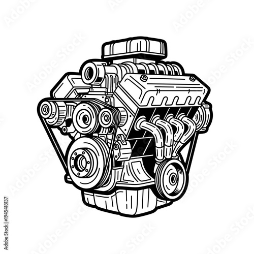 Detailed Line Art Illustration of a Powerful Car Engine.