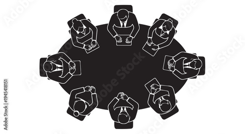 Illustration of black silhouette of people sitting around a table in a meeting