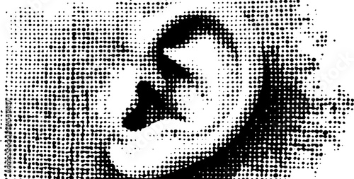 Black and white halftone illustration of ear anatomy side view