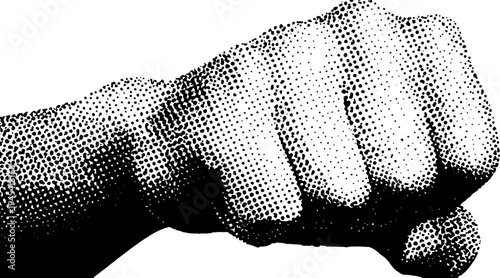 Black and white halftone fist symbolizing power and strength in vintage dotwork style