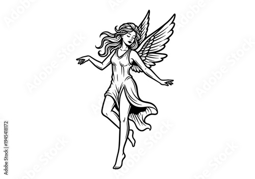 Graceful Angelic Figure with Flowing Hair and Wings.