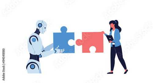 Robot and human woman joining puzzle pieces together, representing collaboration between AI and humans in modern workforce.