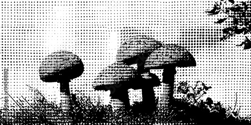 Forest mushrooms cluster with vintage halftone effect in black and white for design