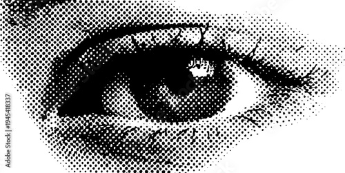 Black and white halftone human eye iris detail for vintage design