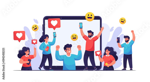 Illustration of a diverse group of people celebrating on social media with a large smartphone and emojis on International Day of Happiness
