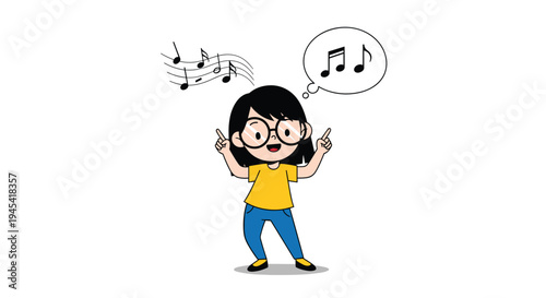 Happy young girl with glasses and black hair dancing joyfully while thinking about musical notes in a thought bubble.