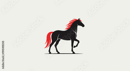 Black Horse with Red Mane Running.