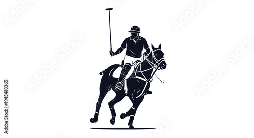 Silhouette of a polo player riding a horse at high speed while swinging a mallet during a competitive sporting match.