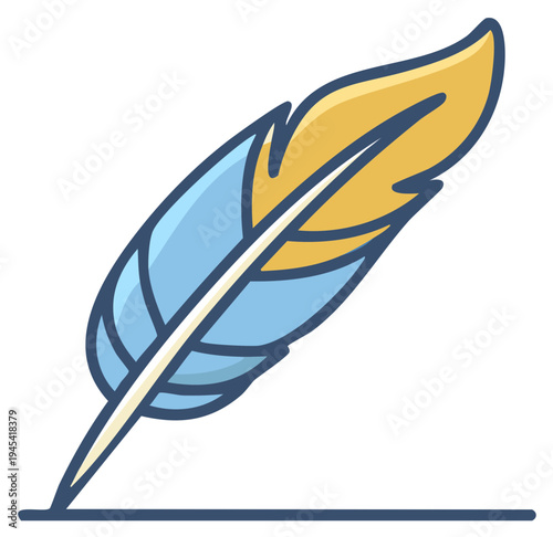 Stylized illustration of a colorful feather writing on a surface