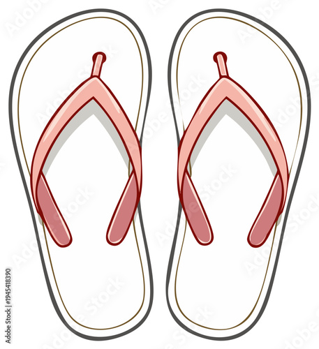 Pair of flat cartoon style flip-flops, white soles with rose pink straps, summer footwear graphic isolated