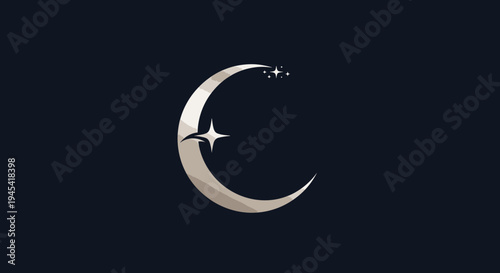 Elegant crescent moon and shining star icon with trailing sparkles on a dark background, celestial night sky concept