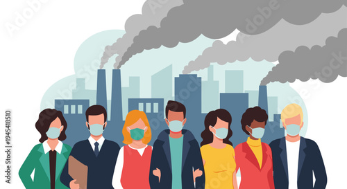 Diverse group of people wearing protective face masks standing in front of factory chimneys emitting heavy grey smoke.