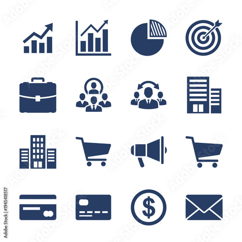 Business and finance icons: sales graph, target, briefcase, team, buildings, shopping cart, money, credit card, mail, dark blue flat icons representing core business functions and financial concepts