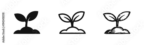 Young plant sprout icons set, representing growth, nature, and ecology in solid, outline, and hand-drawn sketch styles.