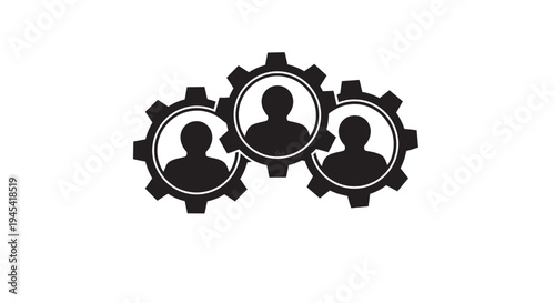 Illustration of black silhouette of three people heads in gear wheels