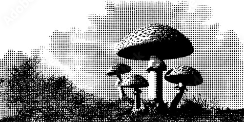 Mushroom toadstool in forest landscape with vintage halftone effect design