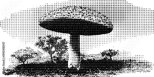 Enchanted mushroom forest landscape in vintage halftone style for artistic design