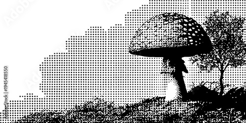 Black and white halftone illustration of mushroom forest toadstool in vintage style