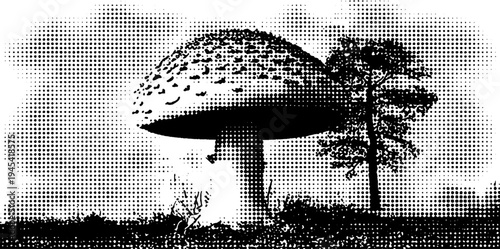 Black and white halftone mushroom forest scene with toadstool