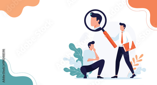 Professional recruiter holding a magnifying glass over a candidate head while searching for the best talent in business.