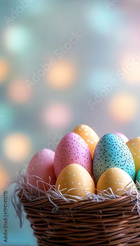 Vibrant Pastel Colored Easter Eggs Arranged in a Charming Wicker Basket for Spring Celebration