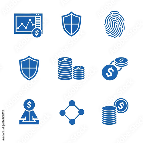 Blue icons for finance, security, and identity verification, including coins, shields, and data graphs