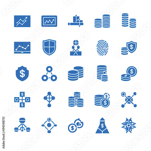 Blue icons for business, finance, security, and data analysis, featuring charts, coins, and networks