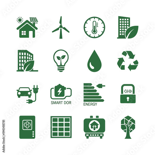 Green energy icons: solar power, wind turbine, smart home, eco-friendly city, electric car, light bulb, water drop, recycling, collection of green energy and sustainability icons in a flat design