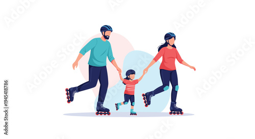 Happy active family of three rollerblading together on a path while holding hands and wearing protective safety gear.