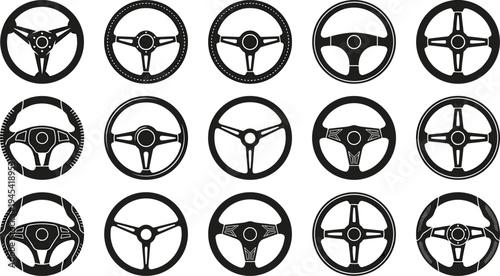 Steering, wheel, car, automobile, driving, control, vehicle, dashboard, transport, automotive, steering, wheel, icon, set, vector, illustration, collection, design, mechanical, equipment