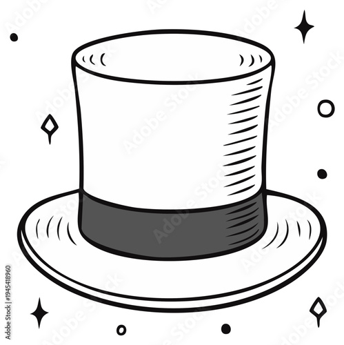 Illustration of a top hat, a classic element of magic, with stars around it.