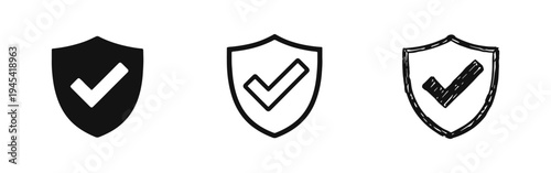 Security shield with checkmark icons set, symbolizing protection, safety, and approval in various styles.