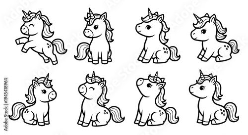 Adorable collection of eight cute cartoon unicorn characters in various poses.