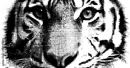 Tiger head tattoo emblem in black and white halftone design for artistic inspiration