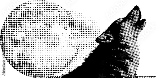 Wolf howling at the moon in black and white halftone art design