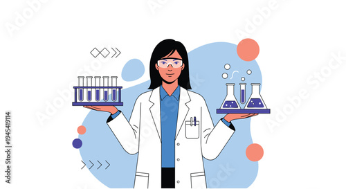Focused female scientist wearing a lab coat and safety goggles holding various test tubes and flasks in a laboratory.