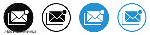 Set of email notification icons featuring stacked envelopes with a message alert badge. Available in black and blue, solid and outlined circular versions. Perfect for UI/UX and web design.