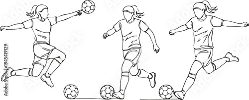 Create a realistic set of a female soccer player in action. Minimalist continuous line art composition featuring shooting, dribbling, and kicking. Dynamic sports banner design vector art .